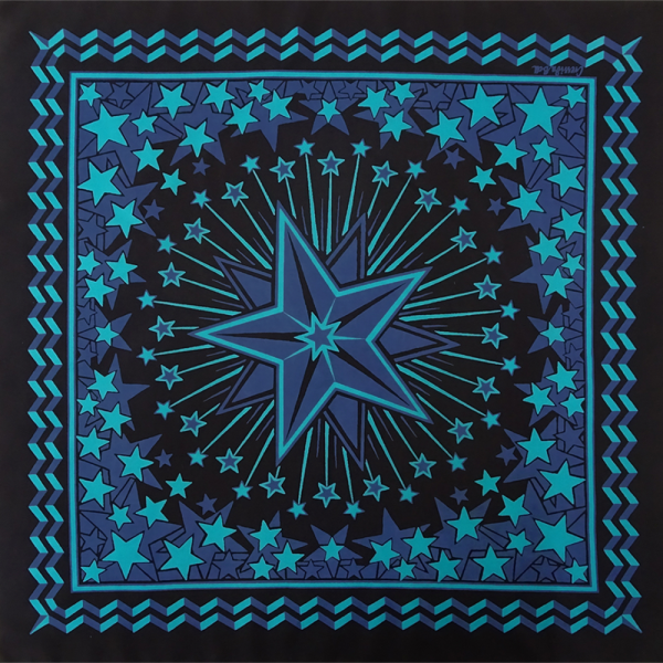 Blue, Turqoise & Black hand printed silk bandana featuring a constellation of stars designed for a Country & Western party 