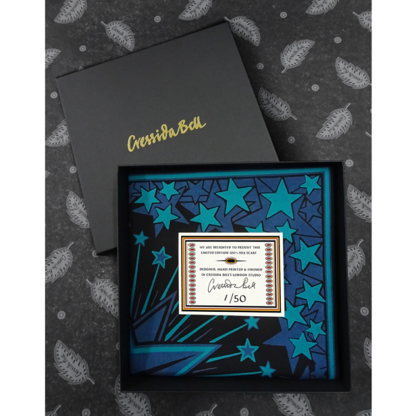 hand printed Limited Edition silk bandana in a Blue Constellation design presented in a gift box with a numbered signed card